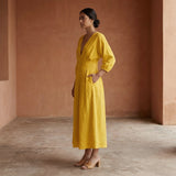 Yellow Cotton Poplin Deep-V Neck Empire Waist Maxi Dress