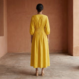 Yellow Cotton Poplin Deep-V Neck Empire Waist Maxi Dress