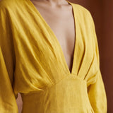 Yellow Cotton Poplin Deep-V Neck Empire Waist Maxi Dress