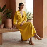 Yellow Cotton Poplin Deep-V Neck Empire Waist Maxi Dress