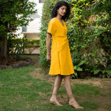 Yellow Cotton Poplin Drop Shoulder Sleeves Knee Length Wrap Dress