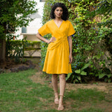 Yellow Cotton Poplin Drop Shoulder Sleeves Knee Length Wrap Dress