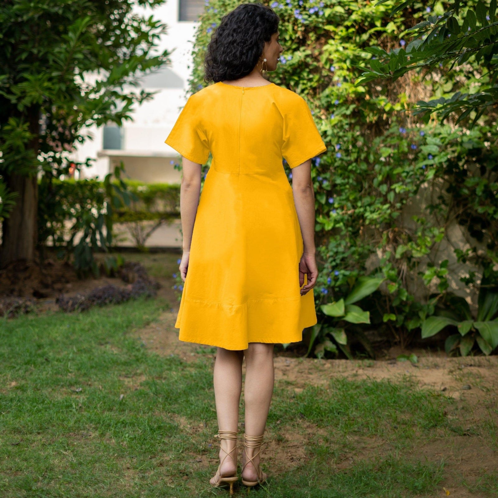 Yellow Cotton Poplin Drop Shoulder Sleeves Knee Length Wrap Dress 36" / Tall (5'7" and above) Yellow Cotton Poplin Drop Shoulder Sleeves Knee Length Wrap Dress 36" / Tall (5'7" and above)