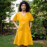 Yellow Cotton Poplin Drop Shoulder Sleeves Knee Length Wrap Dress