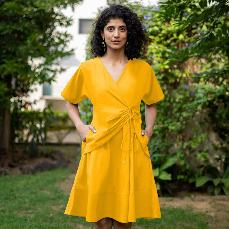 Yellow Cotton Poplin Drop Shoulder Sleeves Knee Length Wrap Dress