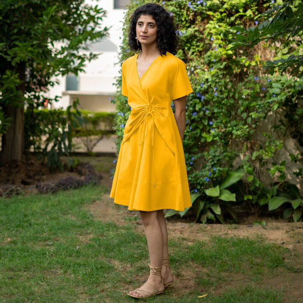 Yellow Cotton Poplin Drop Shoulder Sleeves Knee Length Wrap Dress