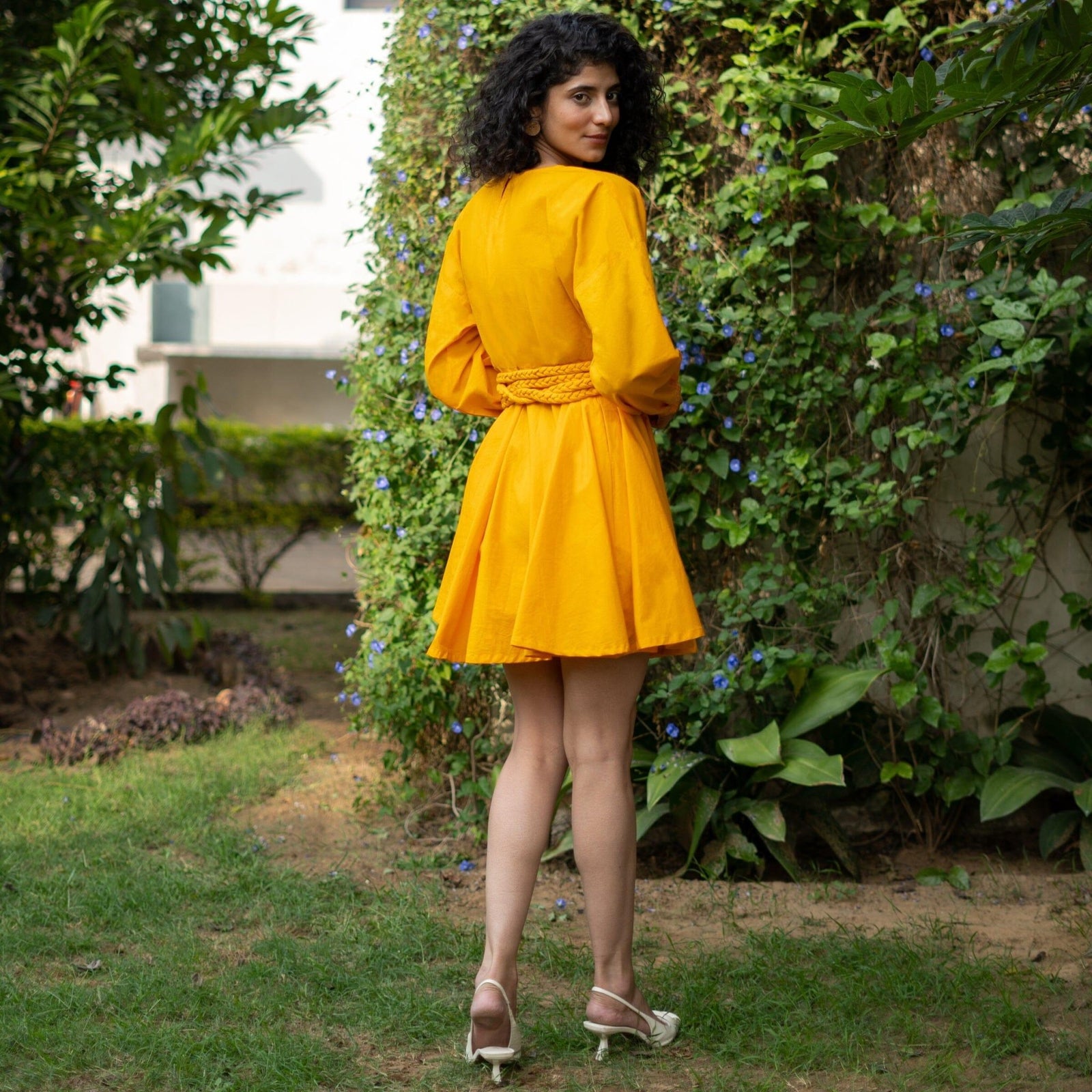 long sleeve short yellow dress Cotton Poplin Fit and Flare Balloon Sleeves 70