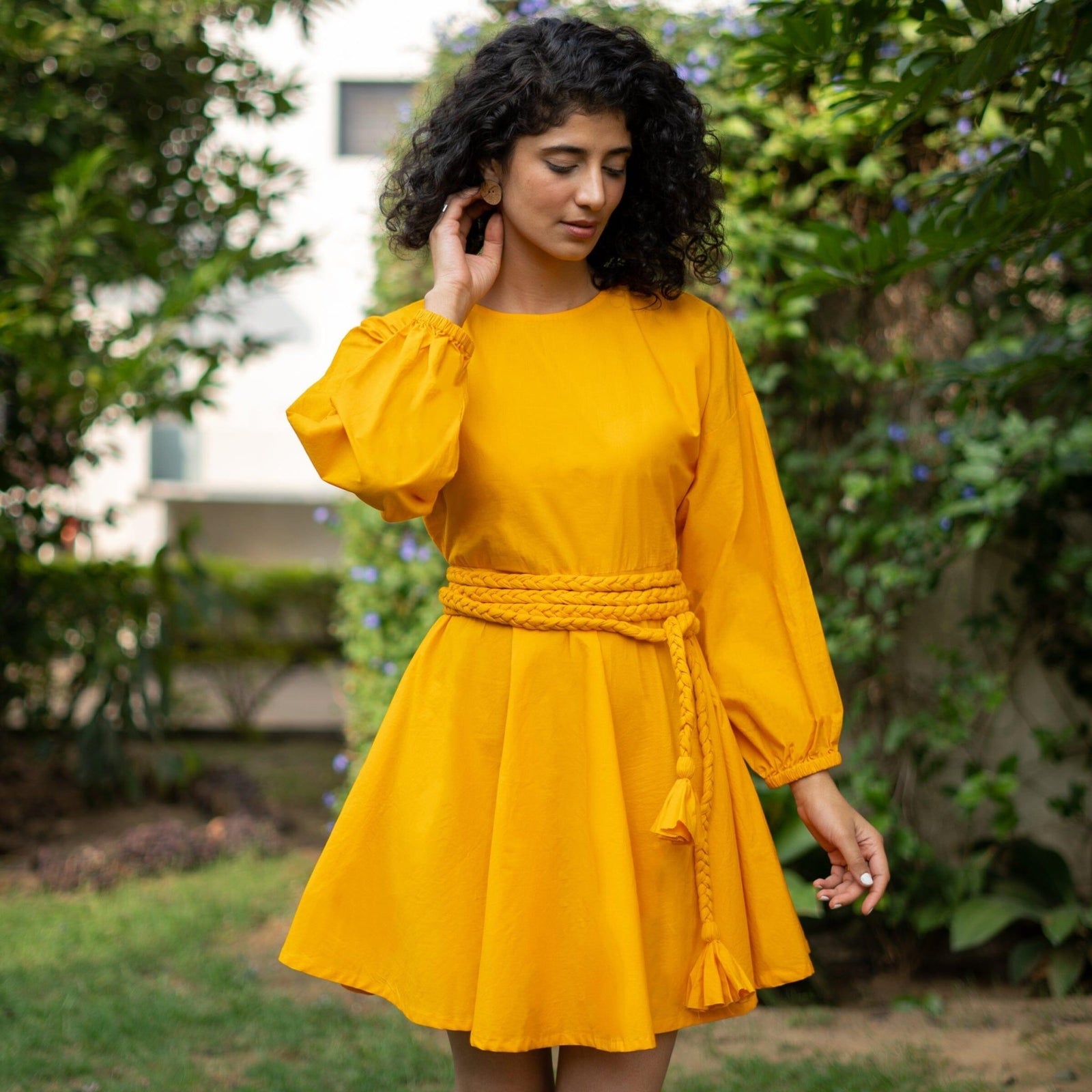 Yellow Cotton Poplin Fit and Flare Balloon Sleeves Short Dress 30" / Custom Height (Free) Yellow Cotton Poplin Fit and Flare Balloon Sleeves Short Dress 30" / Custom Height (Free)