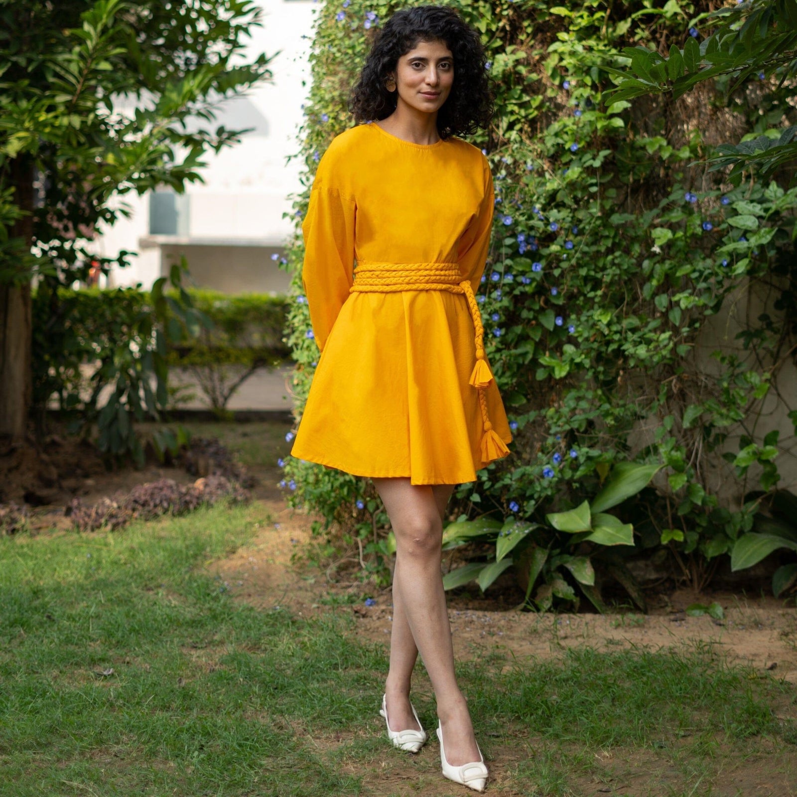 Yellow Cotton Poplin Fit and Flare Balloon Sleeves Short Dress 36