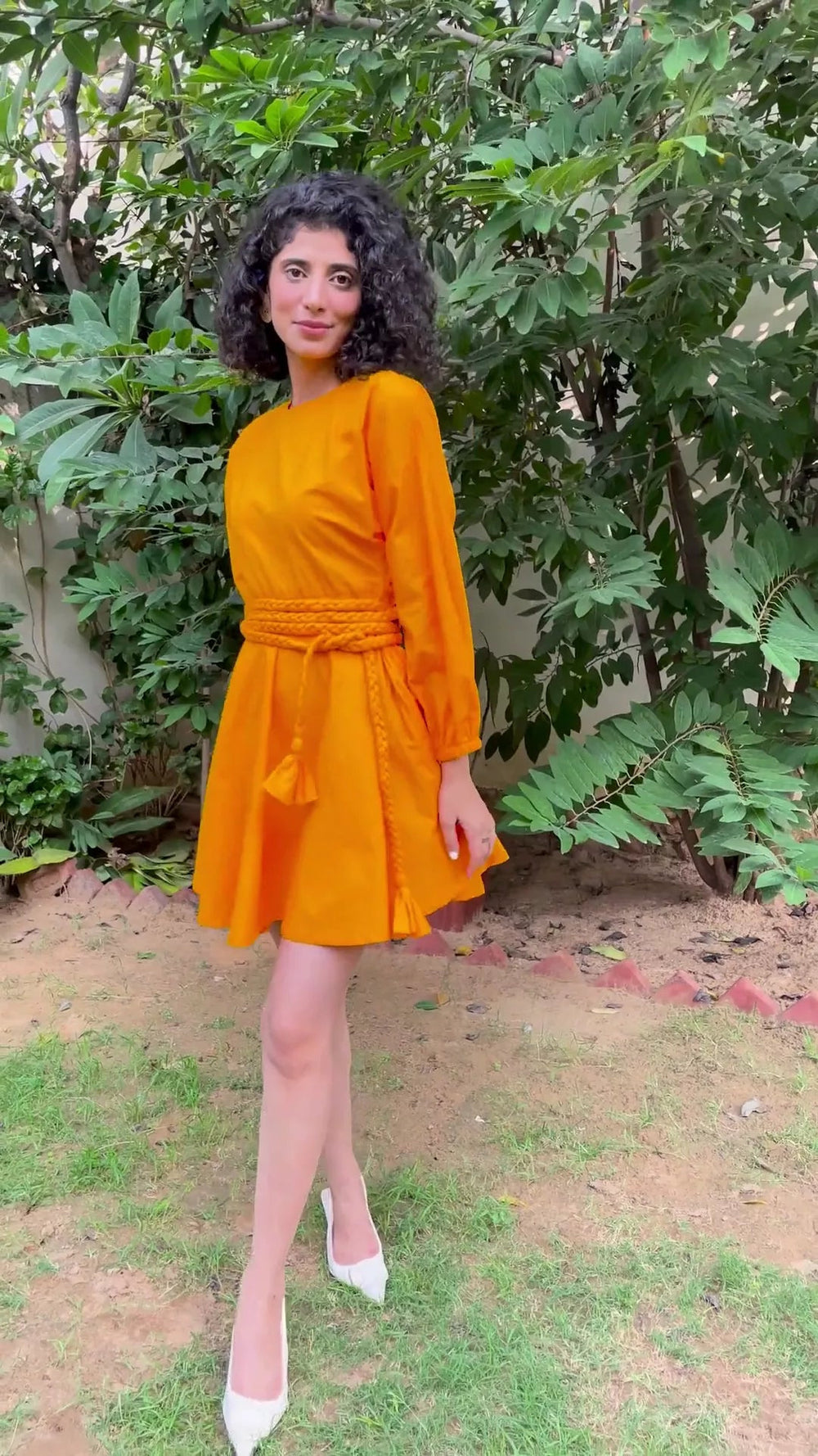 Yellow Cotton Poplin Fit and Flare Balloon Sleeves Short Dress 70