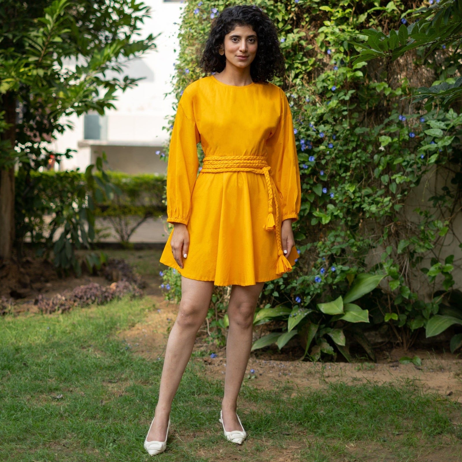 Yellow Cotton Poplin Fit and Flare Balloon Sleeves Short Dress 32