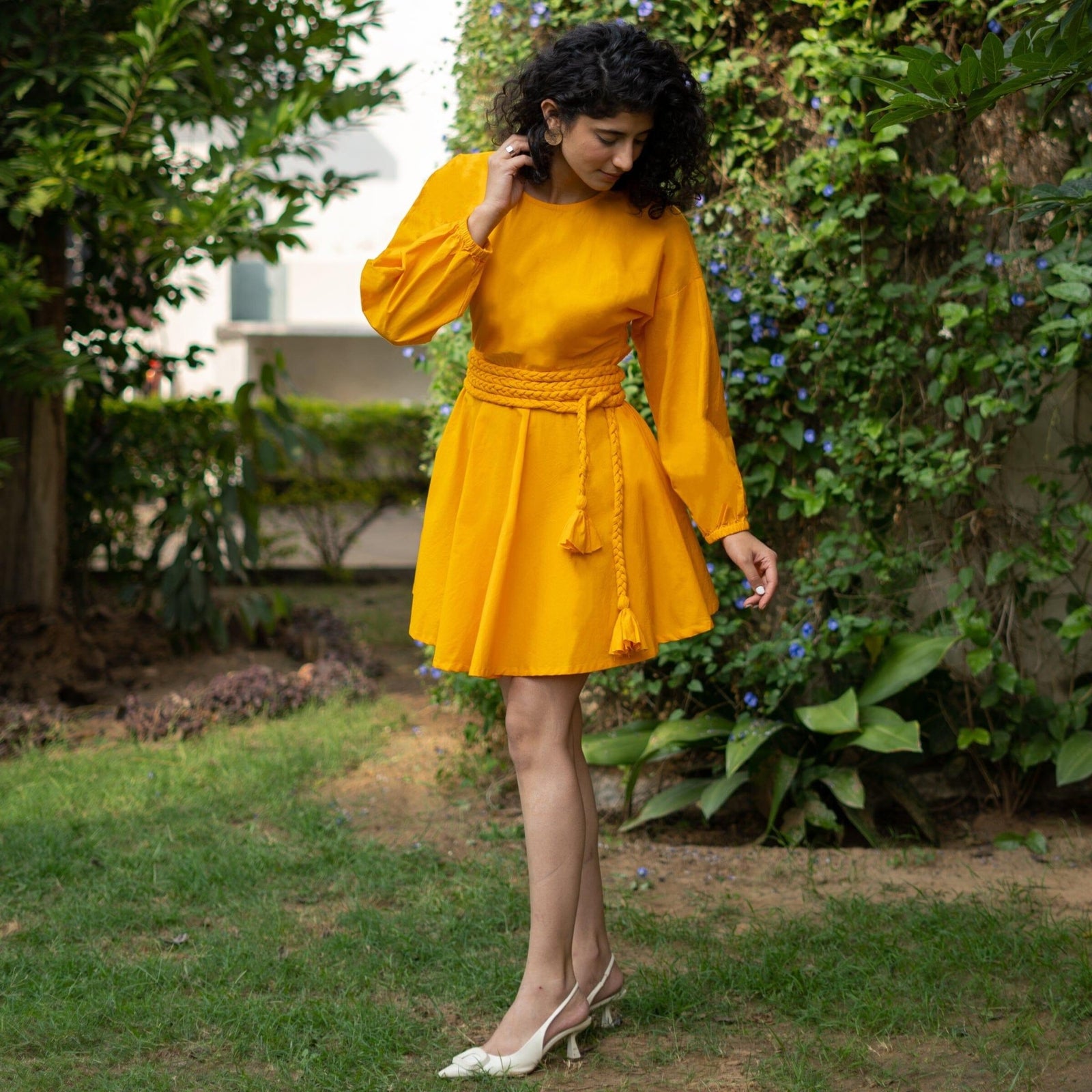 Yellow Cotton Poplin Fit and Flare Balloon Sleeves Short Dress 36