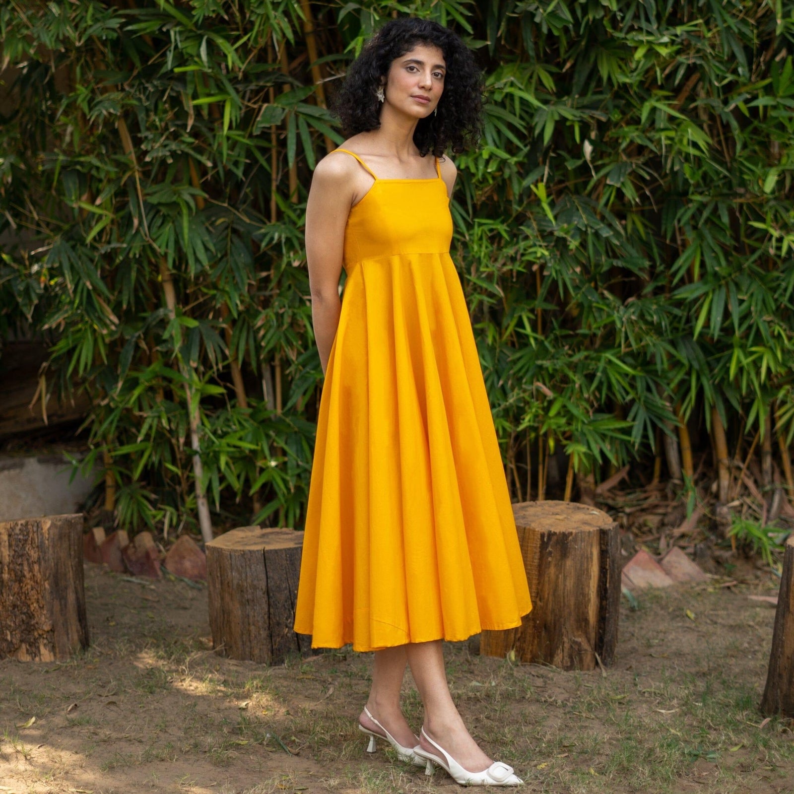 Yellow Cotton Poplin Fit and Flare Midi Empire Dress 58" / Custom Height (Free) Yellow Cotton Poplin Fit and Flare Midi Empire Dress 58" / Custom Height (Free)