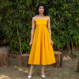 Yellow Cotton Poplin Fit and Flare Midi Empire Dress