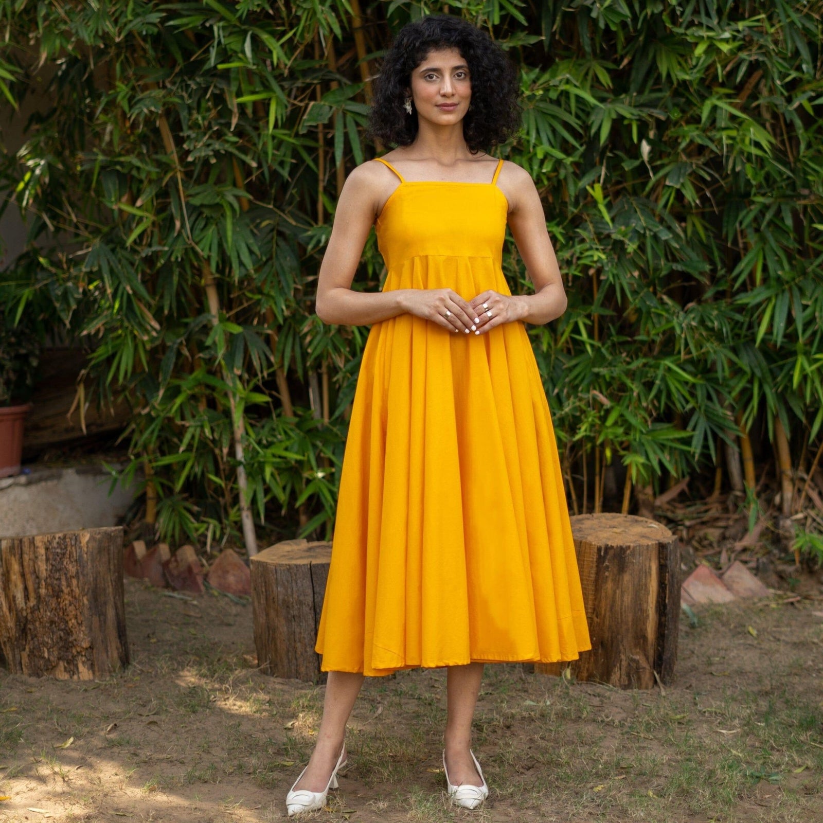 Yellow Cotton Poplin Fit and Flare Midi Empire Dress 48" / Petite (5'1" and below) Yellow Cotton Poplin Fit and Flare Midi Empire Dress 48" / Petite (5'1" and below)