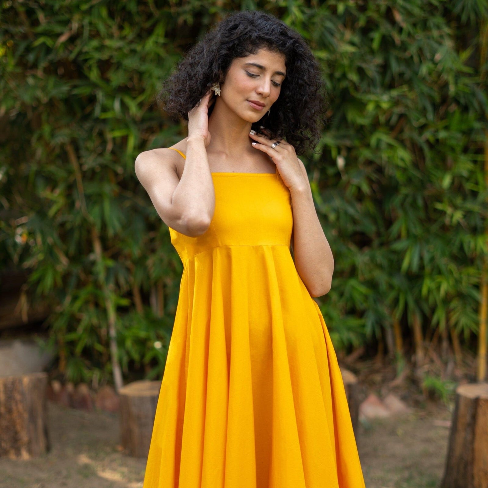 Yellow Cotton Poplin Fit and Flare Midi Empire Dress 48