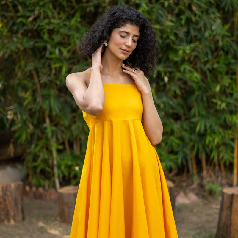 Yellow Cotton Poplin Fit and Flare Midi Empire Dress