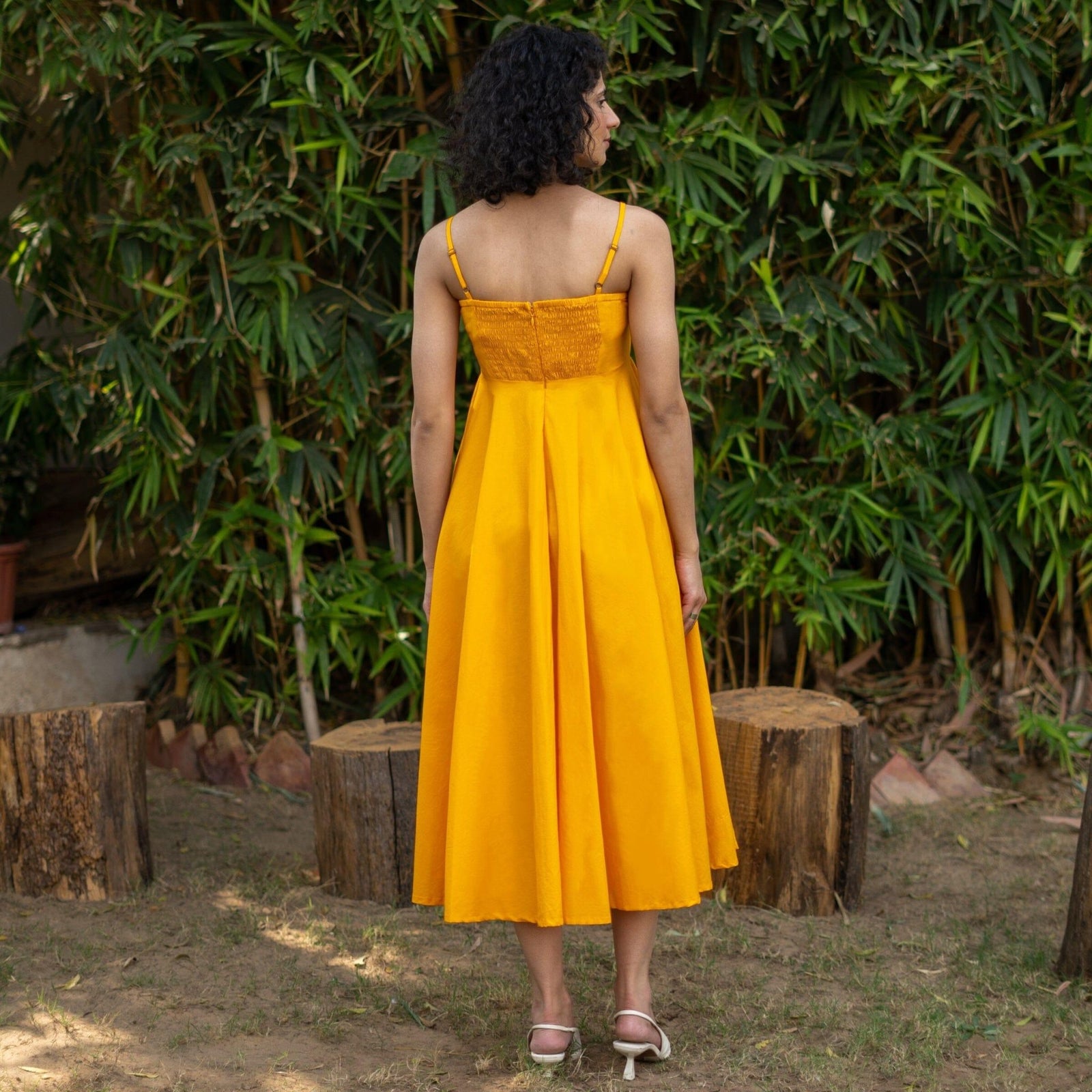 Yellow Cotton Poplin Fit and Flare Midi Empire Dress 38