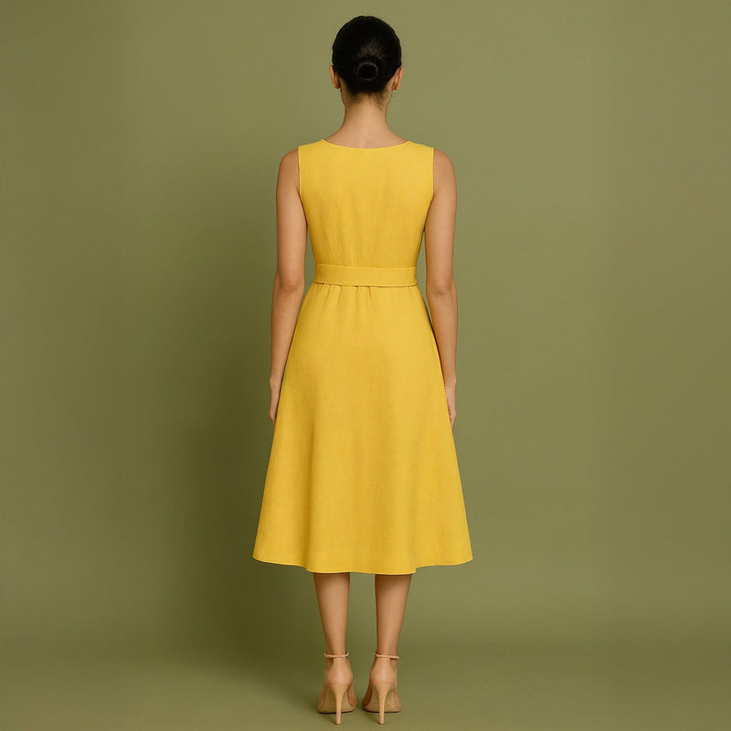 Yellow Cotton Poplin Fit and Flare Sleeveless Midi Dress