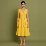 Yellow Cotton Poplin Fit and Flare Sleeveless Midi Dress