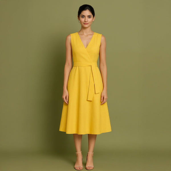 Yellow Cotton Poplin Fit and Flare Sleeveless Midi Dress