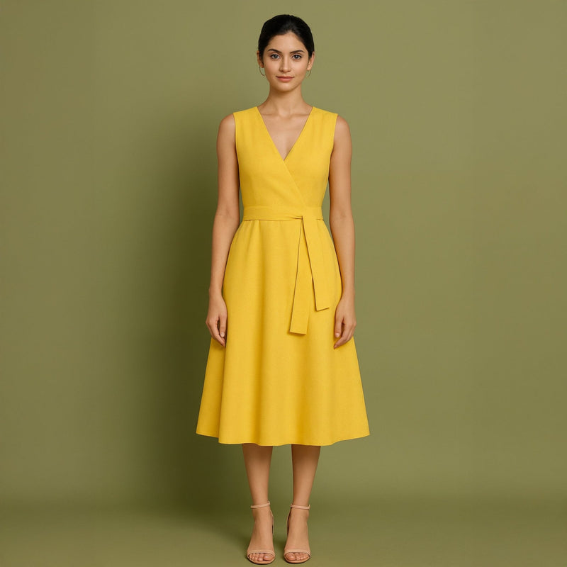 Yellow Cotton Poplin Fit and Flare Sleeveless Midi Dress