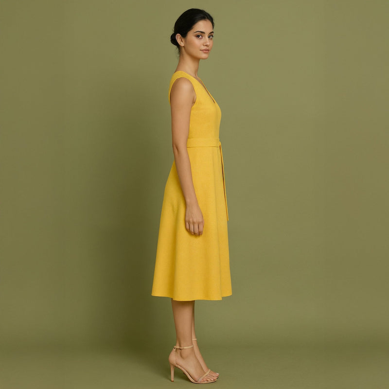 Yellow Cotton Poplin Fit and Flare Sleeveless Midi Dress