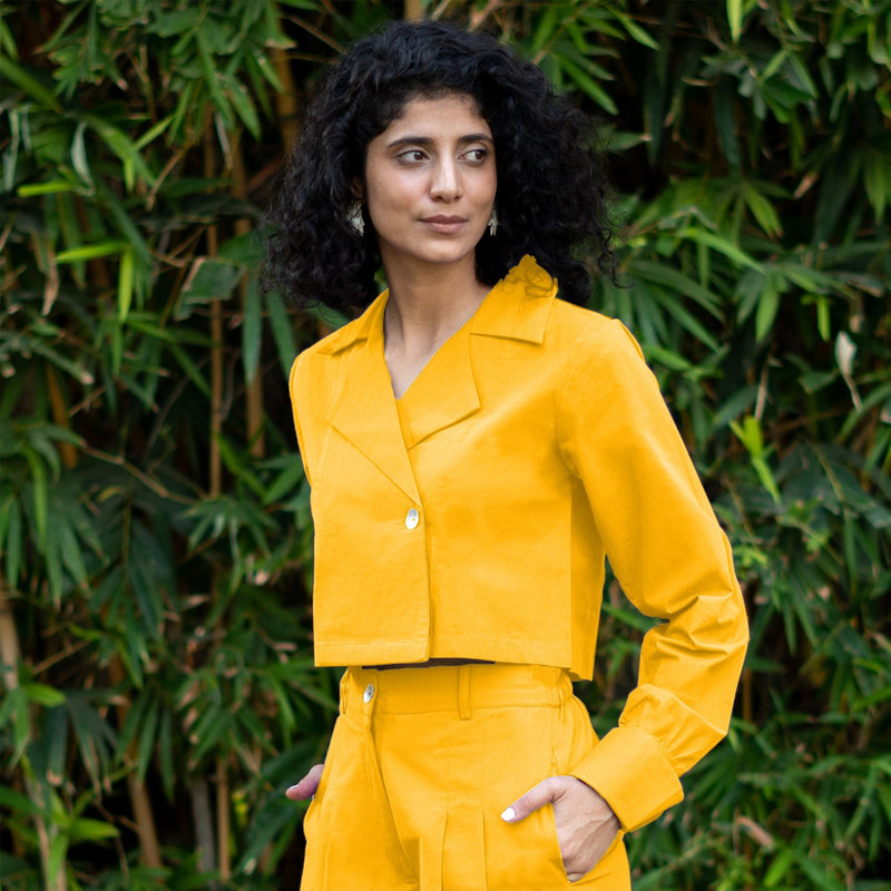 Yellow Cotton Poplin Full Sleeve Cropped Shirt