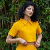 Yellow Cotton Poplin Half Sleeve Crop T-Shirt