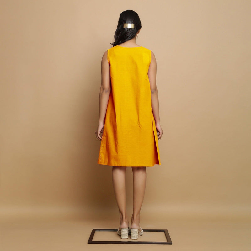 Yellow Cotton Poplin Hand Embroidered Knee-Length Godet Dress