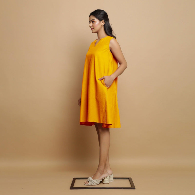 Yellow Cotton Poplin Hand Embroidered Knee-Length Godet Dress 68" / Regular (5'2" - 5'6") Yellow Cotton Poplin Hand Embroidered Knee-Length Godet Dress 68" / Regular (5'2" - 5'6")