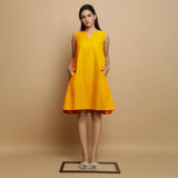 Yellow Cotton Poplin Hand Embroidered Knee-Length Godet Dress