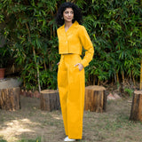 Yellow Cotton Poplin High-Rise Elasticated Pleated Wide Legged Pant