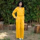 Yellow Cotton Poplin High-Rise Elasticated Pleated Wide Legged Pant