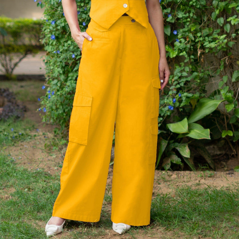 Yellow Cotton Poplin High-Rise Elasticated Wide Legged Cargo Pant