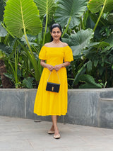 Yellow Cotton Poplin Midi Off-Shoulder Dress