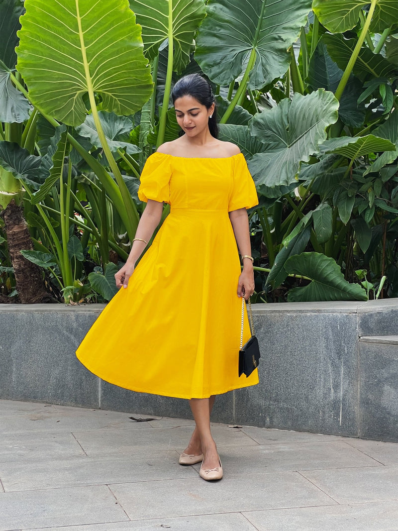 Yellow Cotton Poplin Midi Off-Shoulder Dress