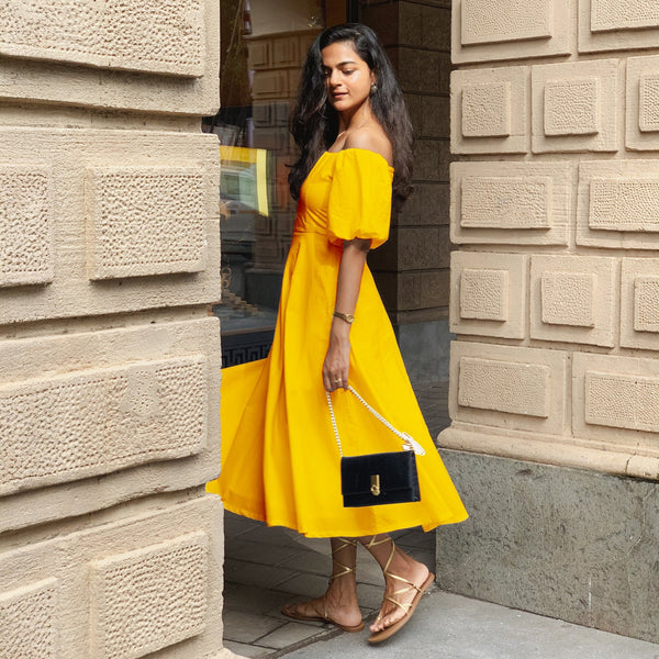 Yellow Cotton Poplin Midi Off-Shoulder Dress