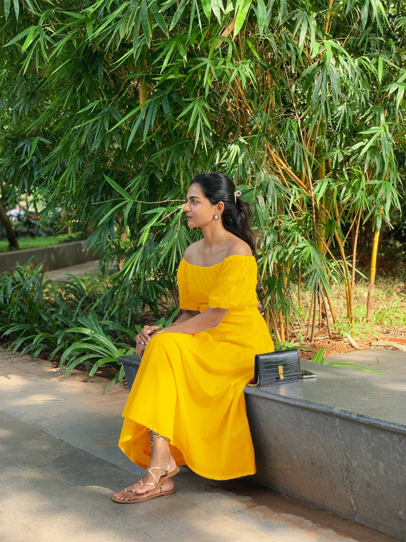 Yellow Cotton Poplin Midi Off-Shoulder Dress