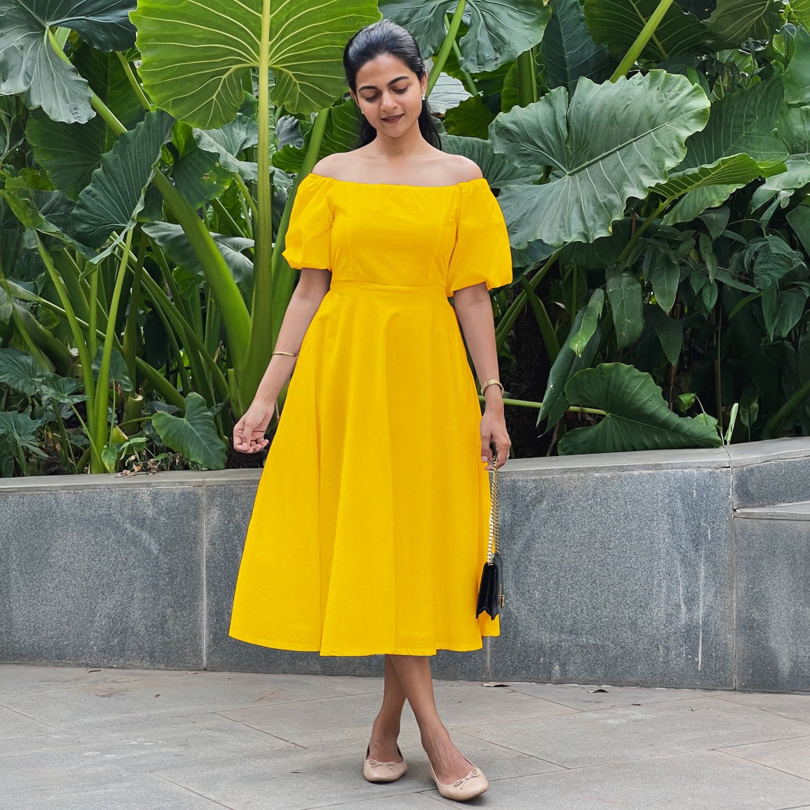 yellow formal midi dress Cotton Poplin Off-Shoulder 50