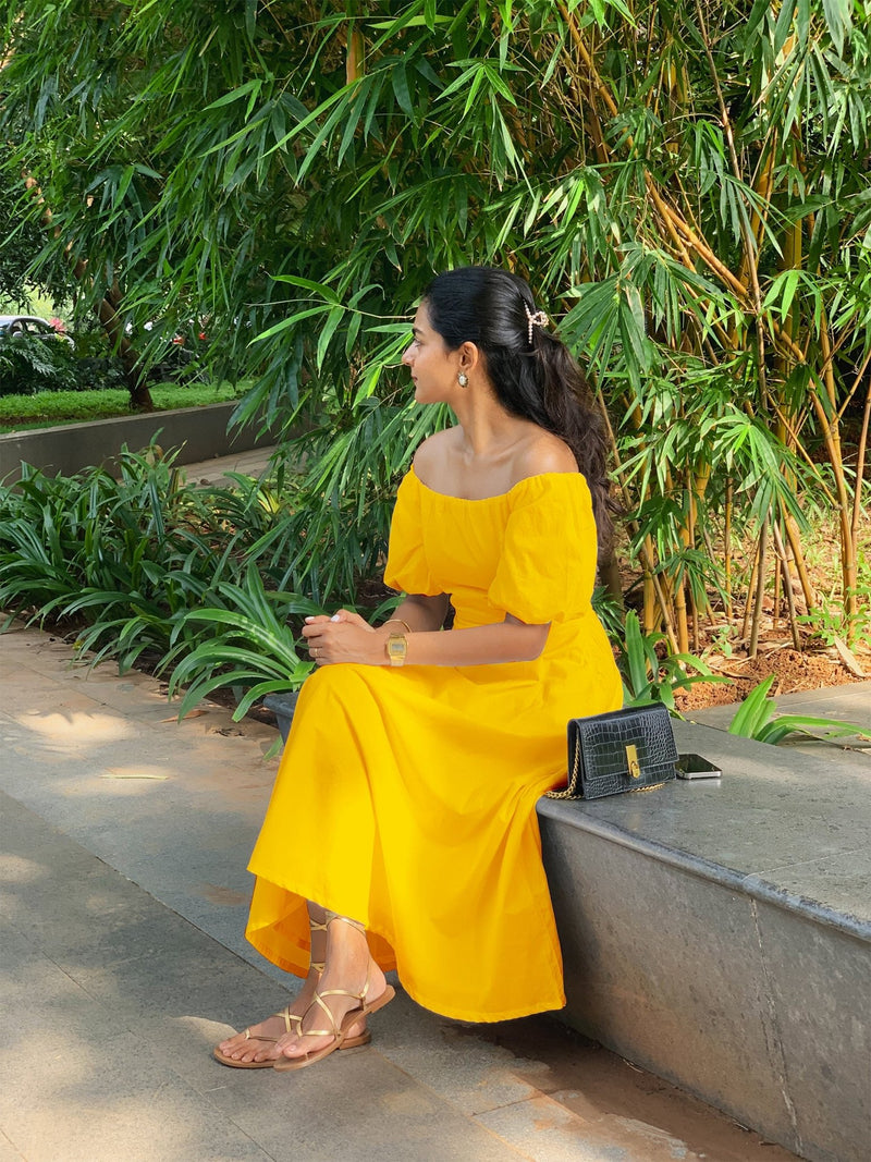 Yellow Cotton Poplin Midi Off-Shoulder Dress