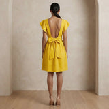 Yellow Cotton Poplin Open-Back Fit and Flare Knee Length Dress