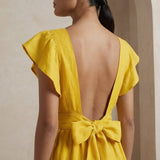 Yellow Cotton Poplin Open-Back Fit and Flare Knee Length Dress