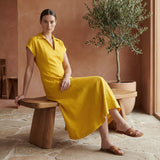 Yellow Cotton Poplin Paneled A-Line Midi Dress