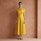 Yellow Cotton Poplin Paneled A-Line Midi Dress
