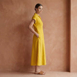 Yellow Cotton Poplin Paneled A-Line Midi Dress