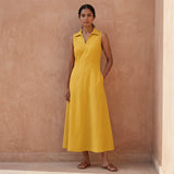 Yellow Cotton Poplin Paneled Sleeveless Maxi Dress