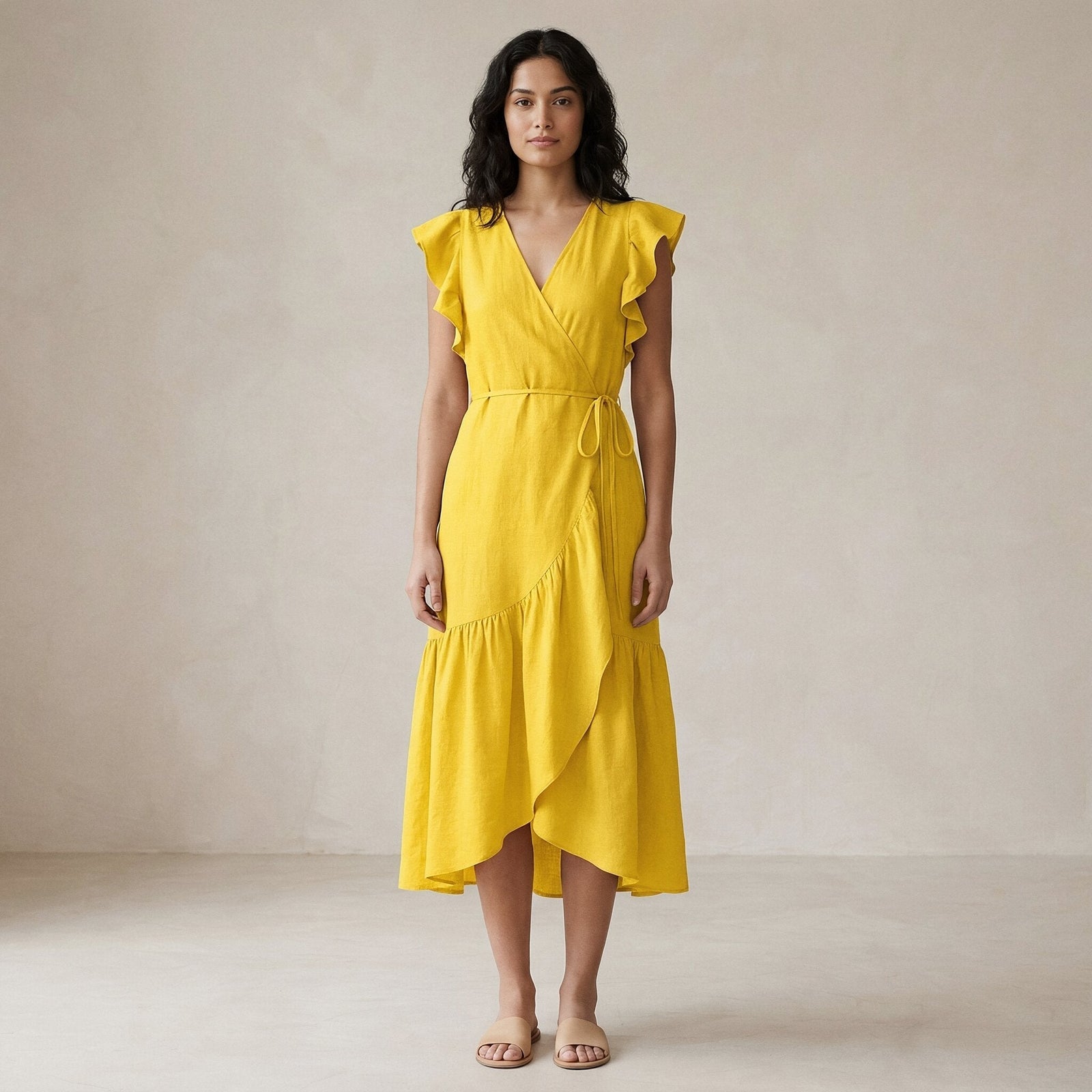 Buy Yellow Cotton Poplin Ruffle Midi Wrap Dress Online at SeamsFriendly