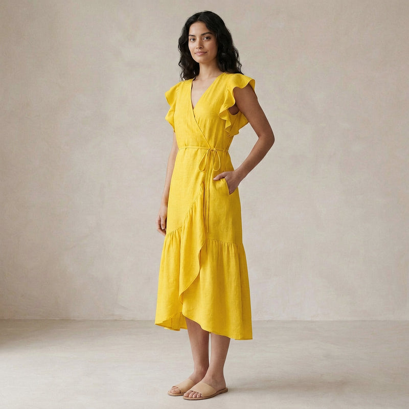 Buy Yellow Cotton Poplin Ruffle Midi Wrap Dress Online at SeamsFriendly