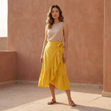 Yellow Cotton Poplin Ruffle Midi Wrap Skirt